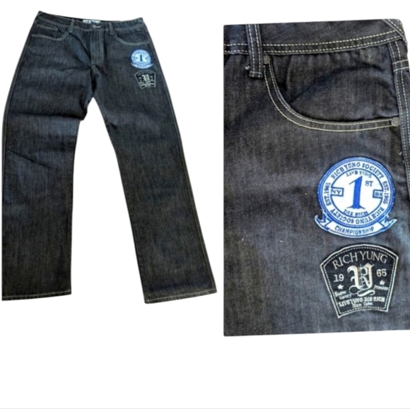 Rich Yung Society Y2k Black Jeans relaxed Fit With Cool Patches W36 L32 - Picture 1 of 13